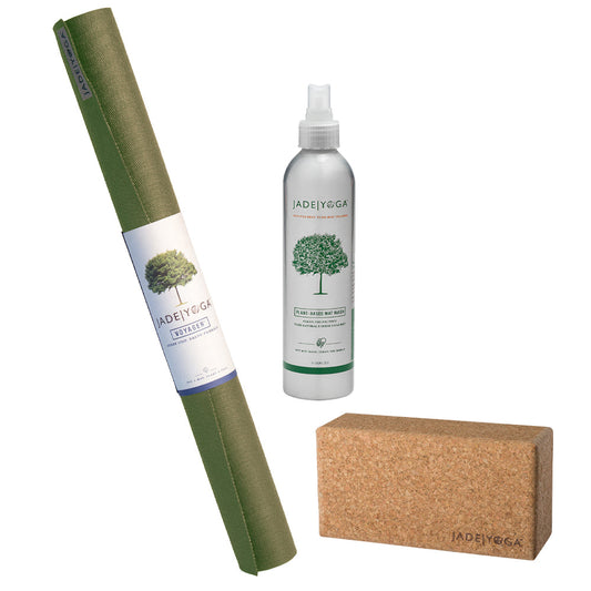 Jade Yoga Voyager Mat - Olive & Jade Yoga Cork Yoga Block - Small + Jade Yoga Plant Based Mat Wash - 8 oz Starter Kit